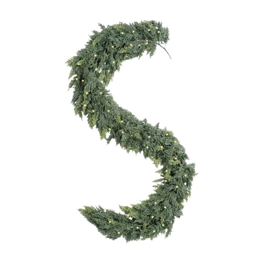 Christmas Garland with Lights, 9ft Pre-Lit LED Faux Cedar Garland for Fireplace Mantle, Indoor Outdoor Holiday Decor, 50 Warm White LEDs