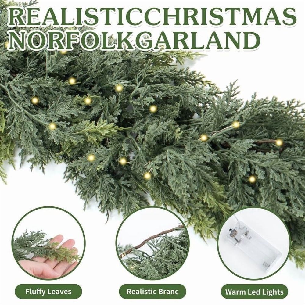 Christmas Garland with Lights, 9ft Pre-Lit LED Faux Cedar Garland for Fireplace Mantle, Indoor Outdoor Holiday Decor, 50 Warm White LEDs