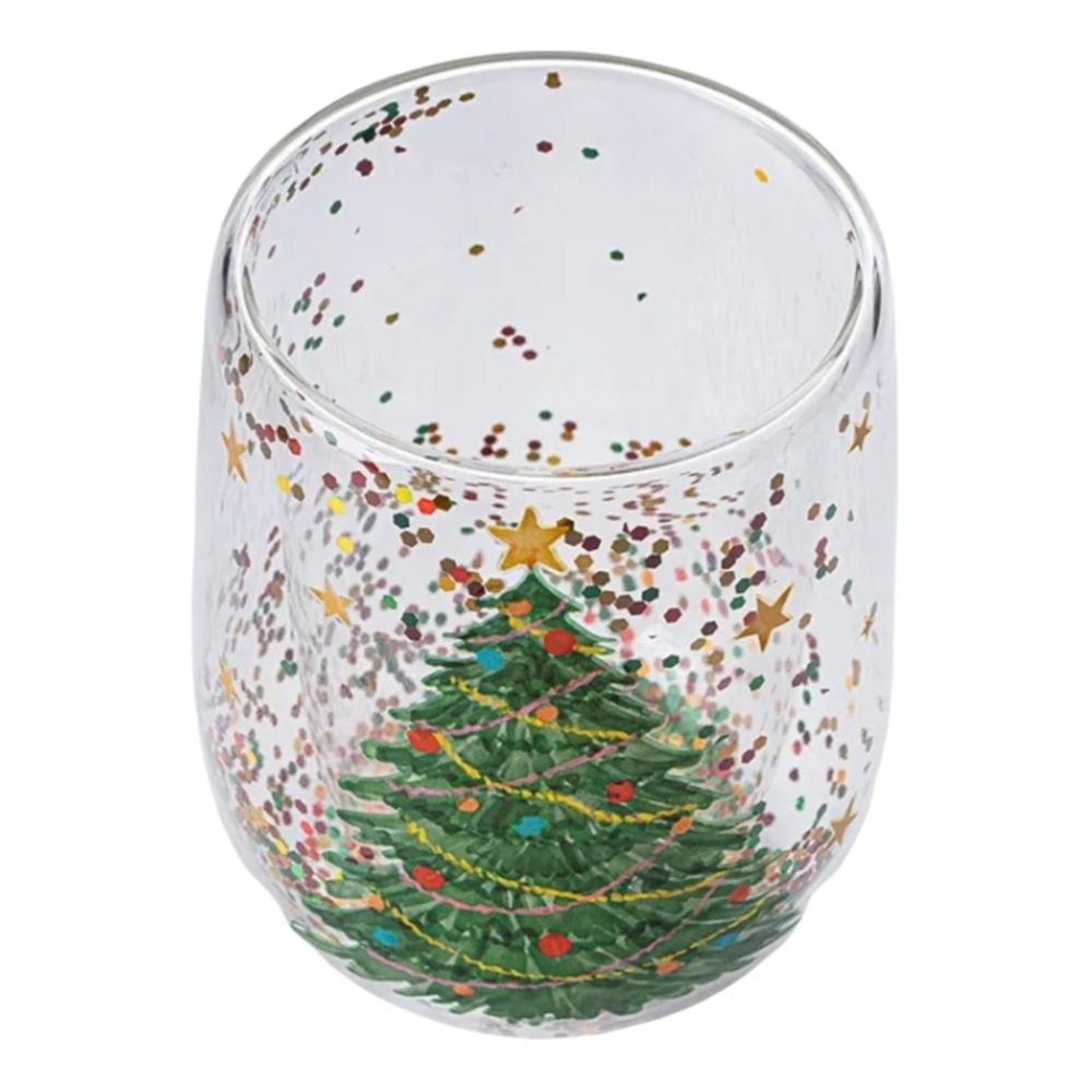 Christmas Tree Double Wall Cup, 13 oz Capacity Colorful Transparent Glass Christmas Tree Drinking Glasses, Christmas Tree Stemless Wine Glasses Coffee Cups for Holiday Christmas Gifts