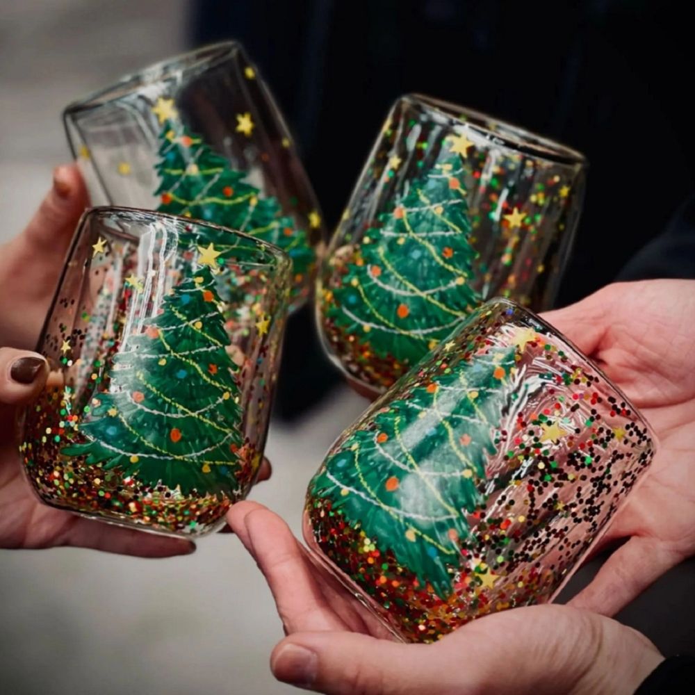 Christmas Tree Double Wall Cup, 13 oz Capacity Colorful Transparent Glass Christmas Tree Drinking Glasses, Christmas Tree Stemless Wine Glasses Coffee Cups for Holiday Christmas Gifts