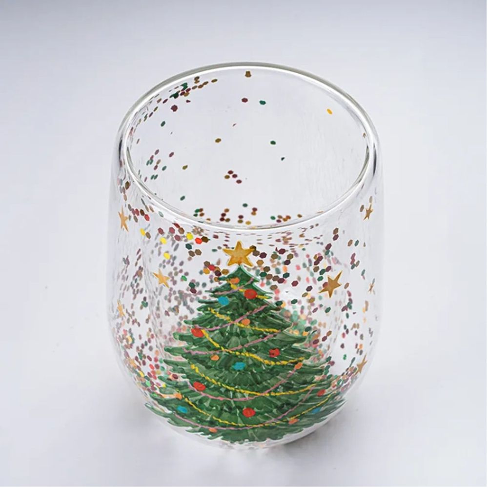 Christmas Tree Double Wall Cup, 13 oz Capacity Colorful Transparent Glass Christmas Tree Drinking Glasses, Christmas Tree Stemless Wine Glasses Coffee Cups for Holiday Christmas Gifts