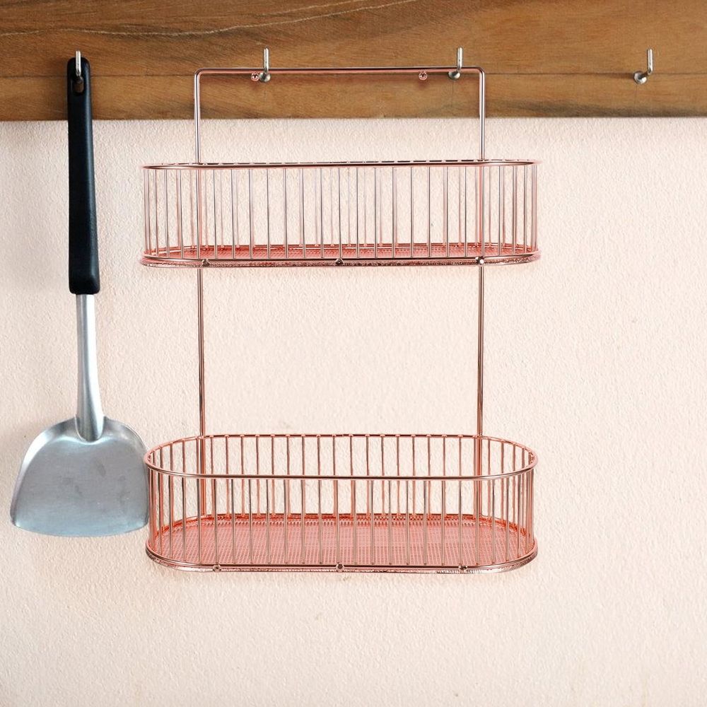 Rose Plated Gold Wall Mounted Spice Rack Iron Storage Organizer for Kitchen Bathroom