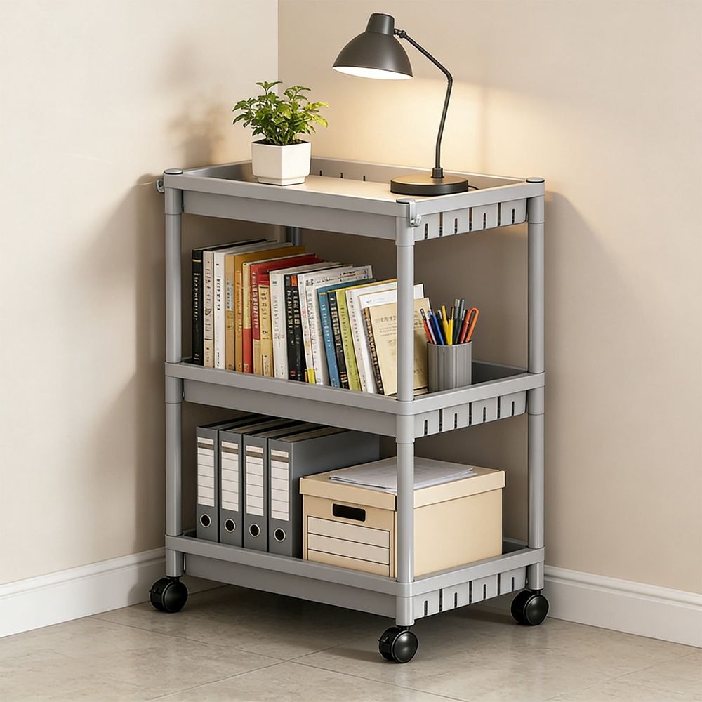 Rolling Storage Rack, 4 Tier Plastic Shelving Unit with Wheels and Hooks, Mobile Organizer for Kitchen Bathroom Bedroom and Living Room