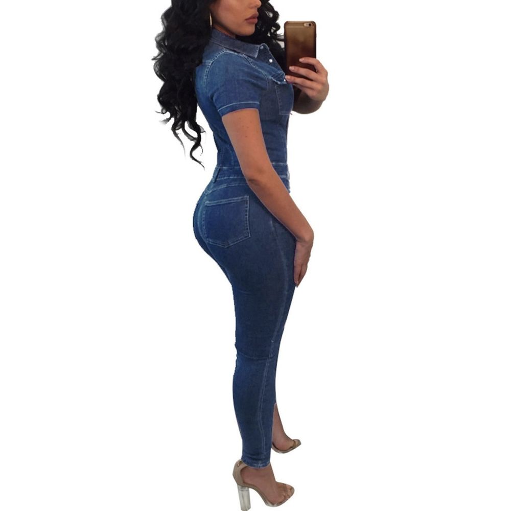 Women's Slim Short Sleeve Casual Denim Jumpsuit