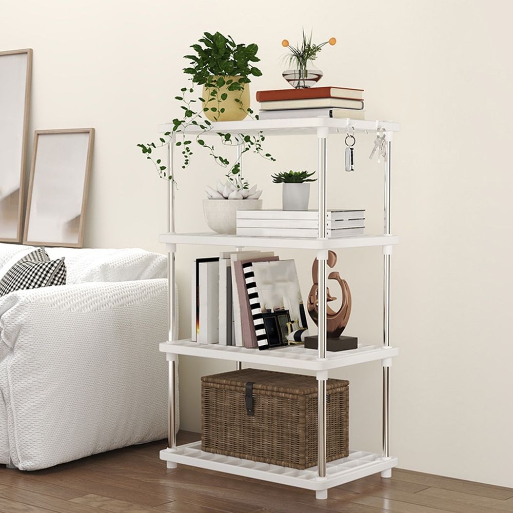 4 Tier Plastic Storage Shelves, Independent Shelving Unit for Pantry, Kitchen, Bathroom, Laundry, Sturdy Connectable Rack, Space Saving Floor Organizer