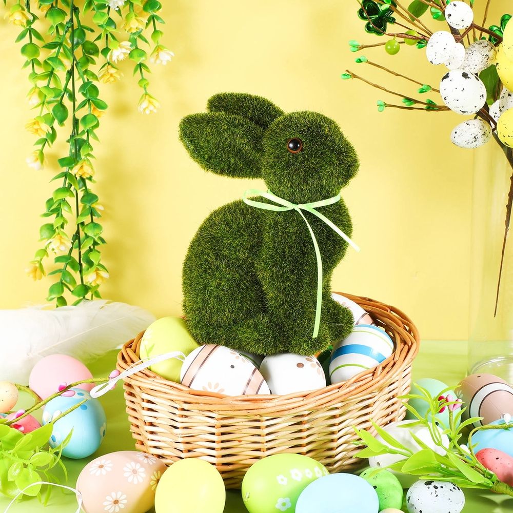 Flocked Moss Bunny Statue - Faux Easter Tabletop Decor - Spring Garden Figurine - Easter Table Centerpiece Decoration