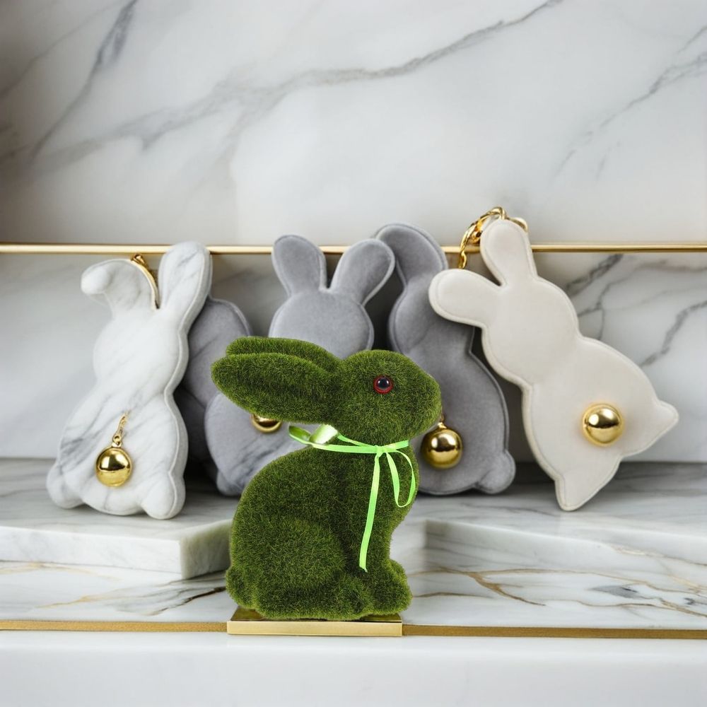 Flocked Moss Bunny Statue - Faux Easter Tabletop Decor - Spring Garden Figurine - Easter Table Centerpiece Decoration