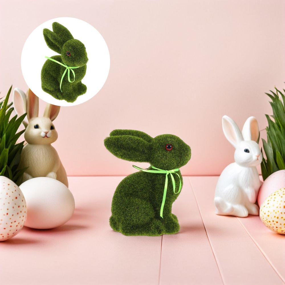 Flocked Moss Bunny Statue - Faux Easter Tabletop Decor - Spring Garden Figurine - Easter Table Centerpiece Decoration