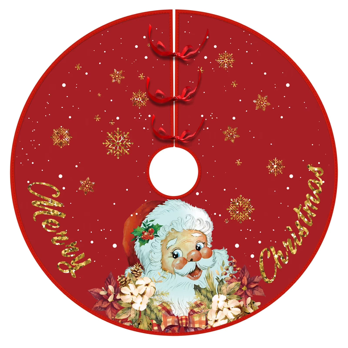 Christmas Tree Skirt Red and Gold Christmas Decorations - Xmas Tree Skirt Mat with Santa Claus Snowflake Pattern for Indoor Outdoor Merry Christmas Holiday Party Decor 35 Inches