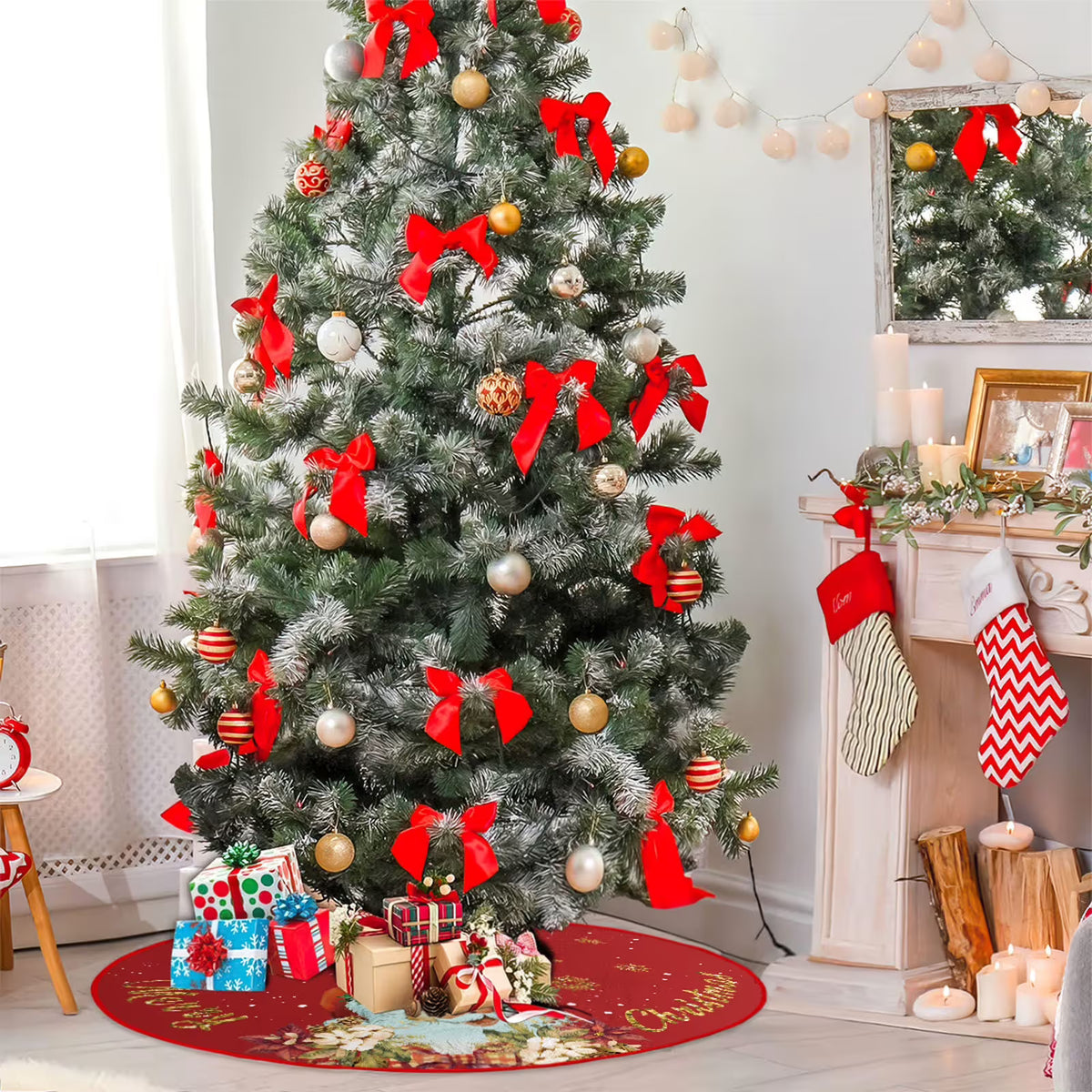 Christmas Tree Skirt Red and Gold Christmas Decorations - Xmas Tree Skirt Mat with Santa Claus Snowflake Pattern for Indoor Outdoor Merry Christmas Holiday Party Decor 35 Inches