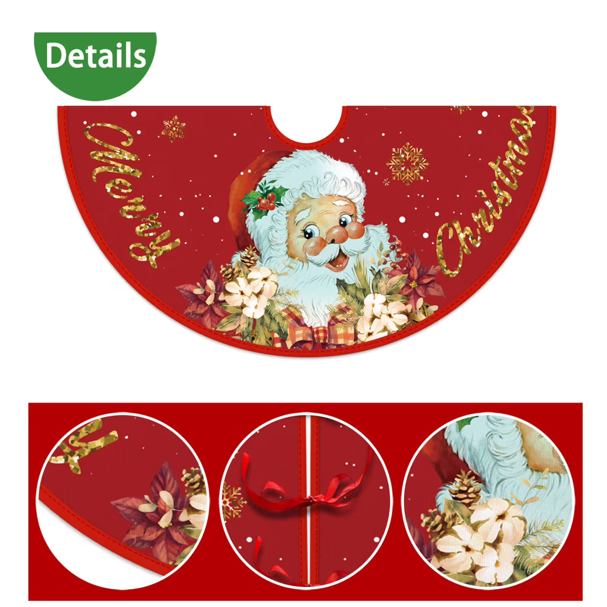 Christmas Tree Skirt Red and Gold Christmas Decorations - Xmas Tree Skirt Mat with Santa Claus Snowflake Pattern for Indoor Outdoor Merry Christmas Holiday Party Decor 35 Inches