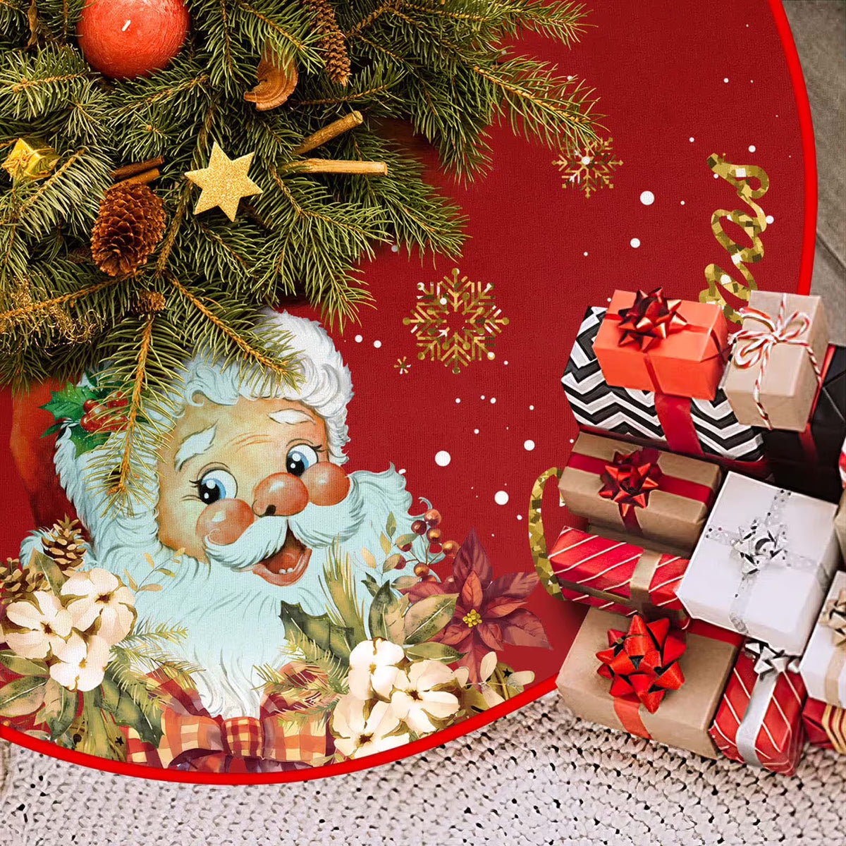 Christmas Tree Skirt Red and Gold Christmas Decorations - Xmas Tree Skirt Mat with Santa Claus Snowflake Pattern for Indoor Outdoor Merry Christmas Holiday Party Decor 35 Inches