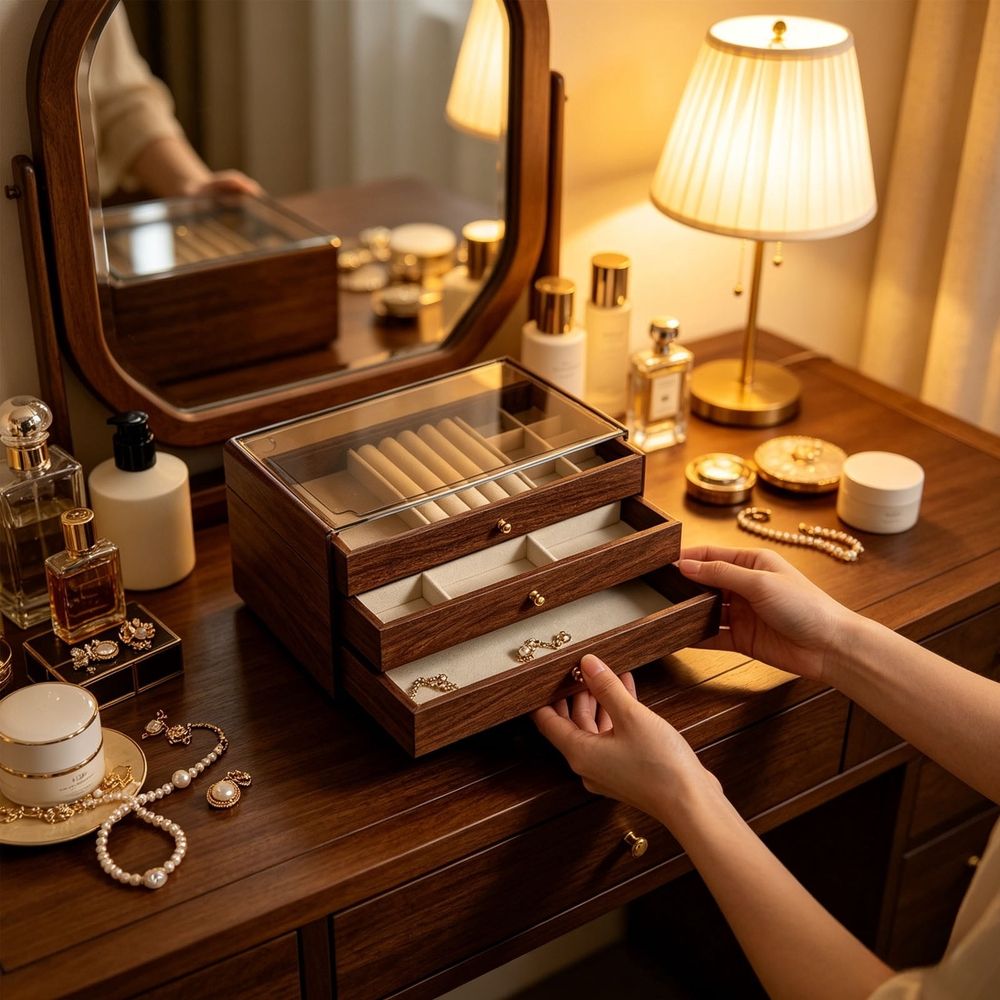 3-Layer Wooden Jewelry Box with Clear Lid, Large Capacity Jewelry Organizer with Drawers for Earrings Rings Necklaces Bracelets