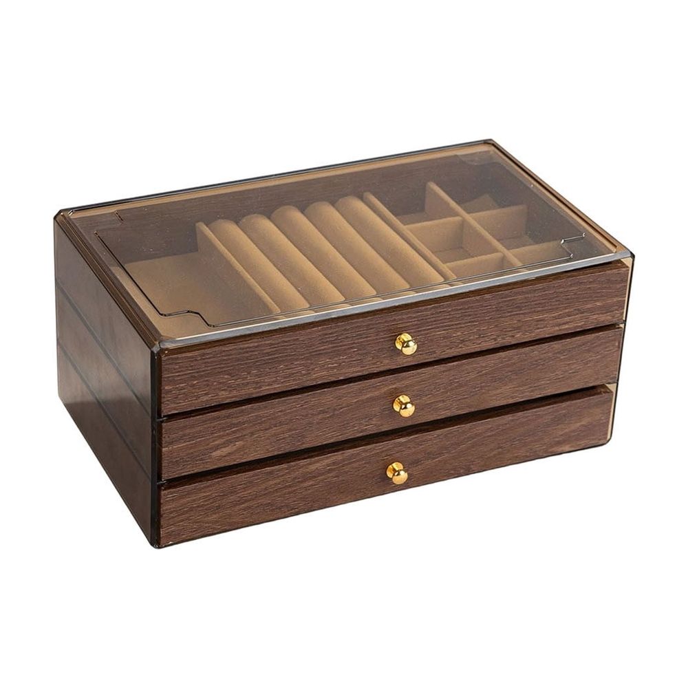 3-Layer Wooden Jewelry Box with Clear Lid, Large Capacity Jewelry Organizer with Drawers for Earrings Rings Necklaces Bracelets