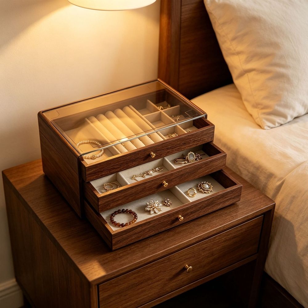 3-Layer Wooden Jewelry Box with Clear Lid, Large Capacity Jewelry Organizer with Drawers for Earrings Rings Necklaces Bracelets