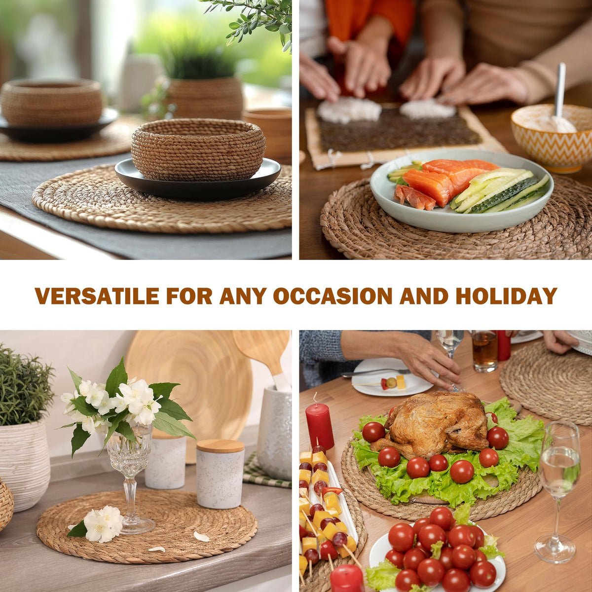 6pcs 11cm  Round Rattan Placemats,Natural Hand-Woven Water Hyacinth Placemats,Farmhouse Weave Place Mats