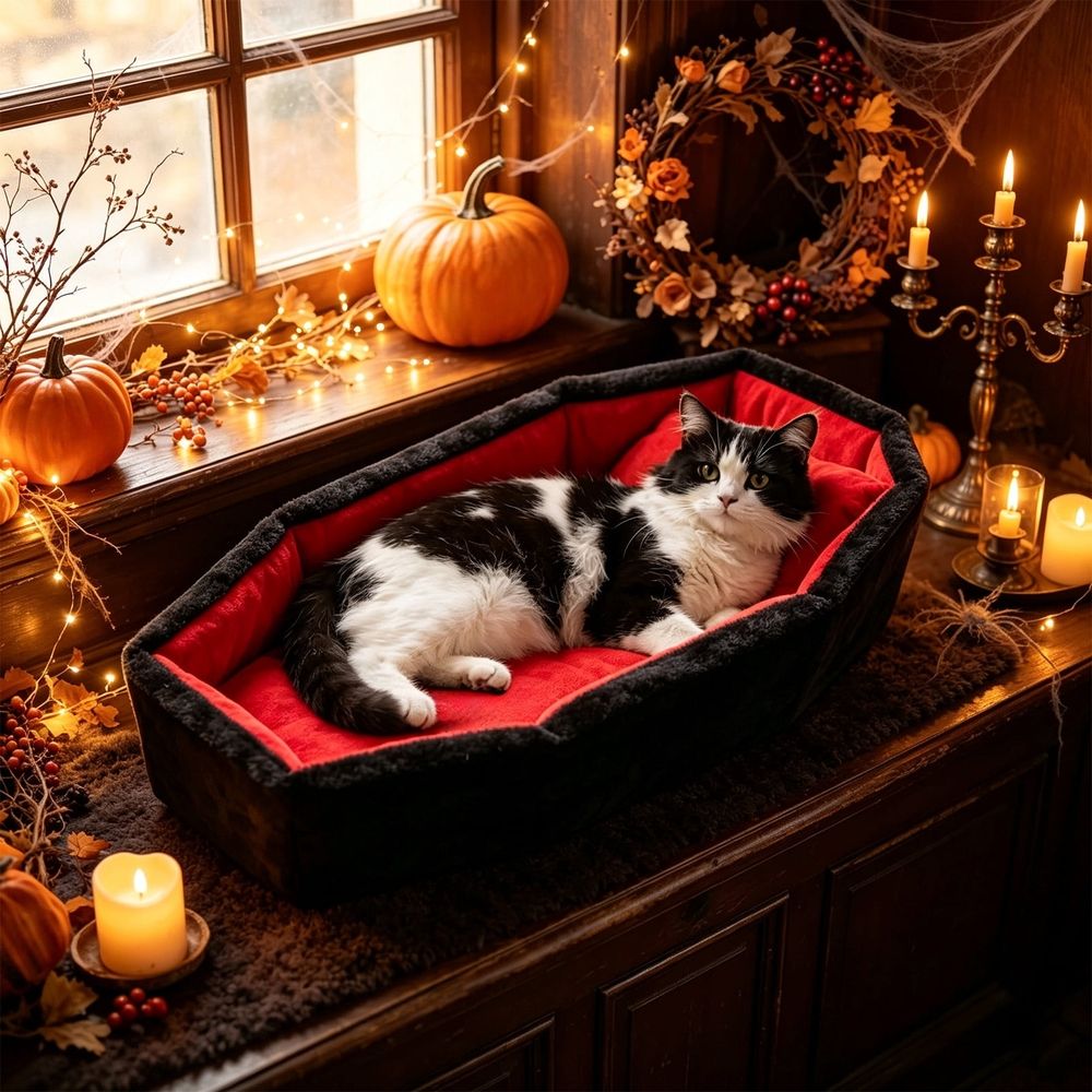 Gothic Cat Bed for Indoor Cats Washable Coffin Cat Bed, Soft Fabric Gothic Pet Furniture Activity Center for Halloween Decor 25.6X17.7X3.9In Black