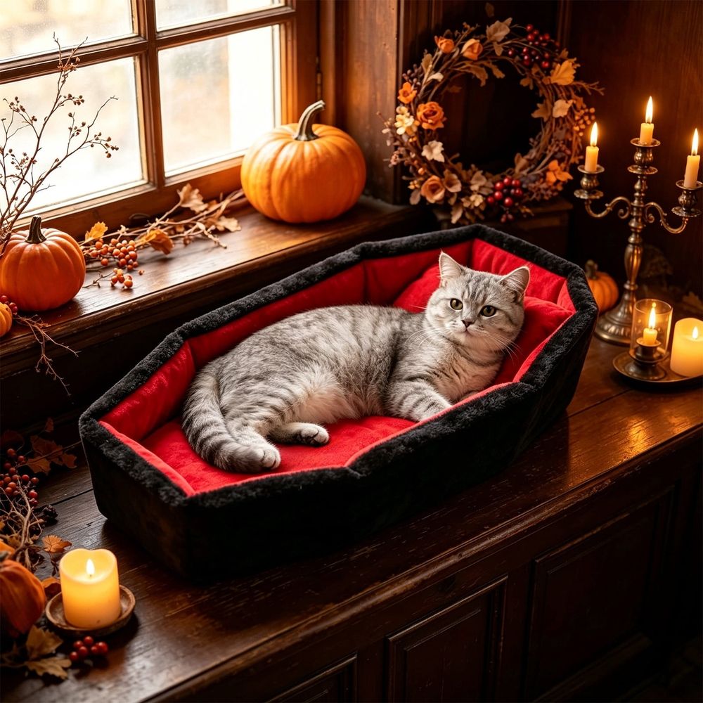 Gothic Cat Bed for Indoor Cats Washable Coffin Cat Bed, Soft Fabric Gothic Pet Furniture Activity Center for Halloween Decor 25.6X17.7X3.9In Black