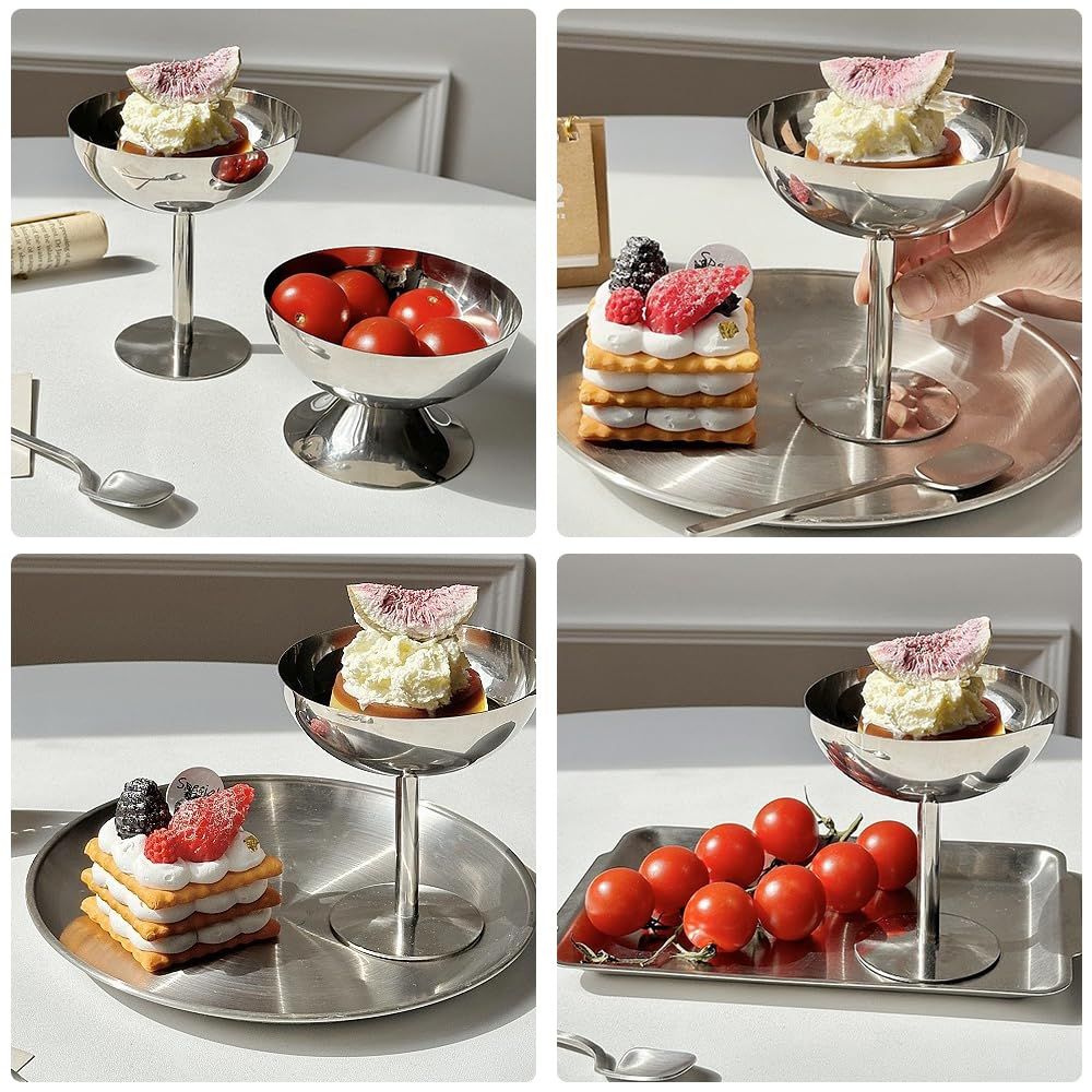 Ice Cream Cup, 4Pcs Stainless Steel Serving Dessert Bowls Cups Sauce Bowls Mini Round Footed Yogurt Snack Candy Cups for Salad Fruit Pudding Christmas Party