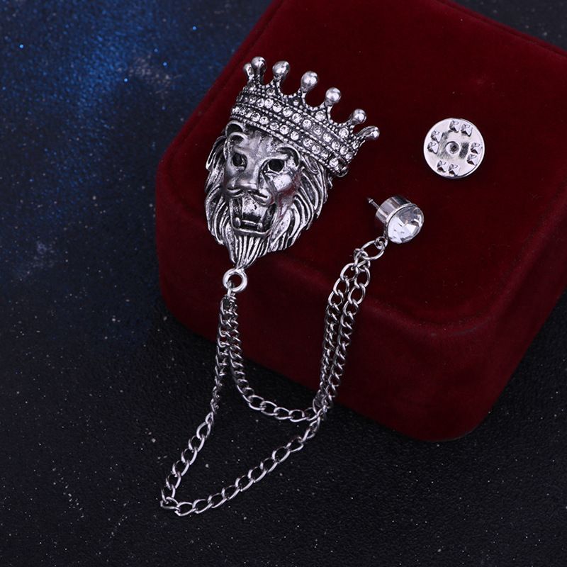 2 pack Vintage Men Crowned Lion King With Stone Hanging Chain Brooch Pins Lapel Pin, Suit Coat for Women Accessories