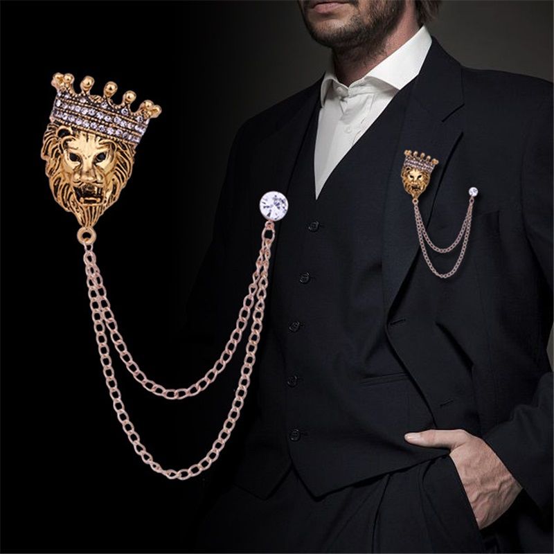 2 pack Vintage Men Crowned Lion King With Stone Hanging Chain Brooch Pins Lapel Pin, Suit Coat for Women Accessories