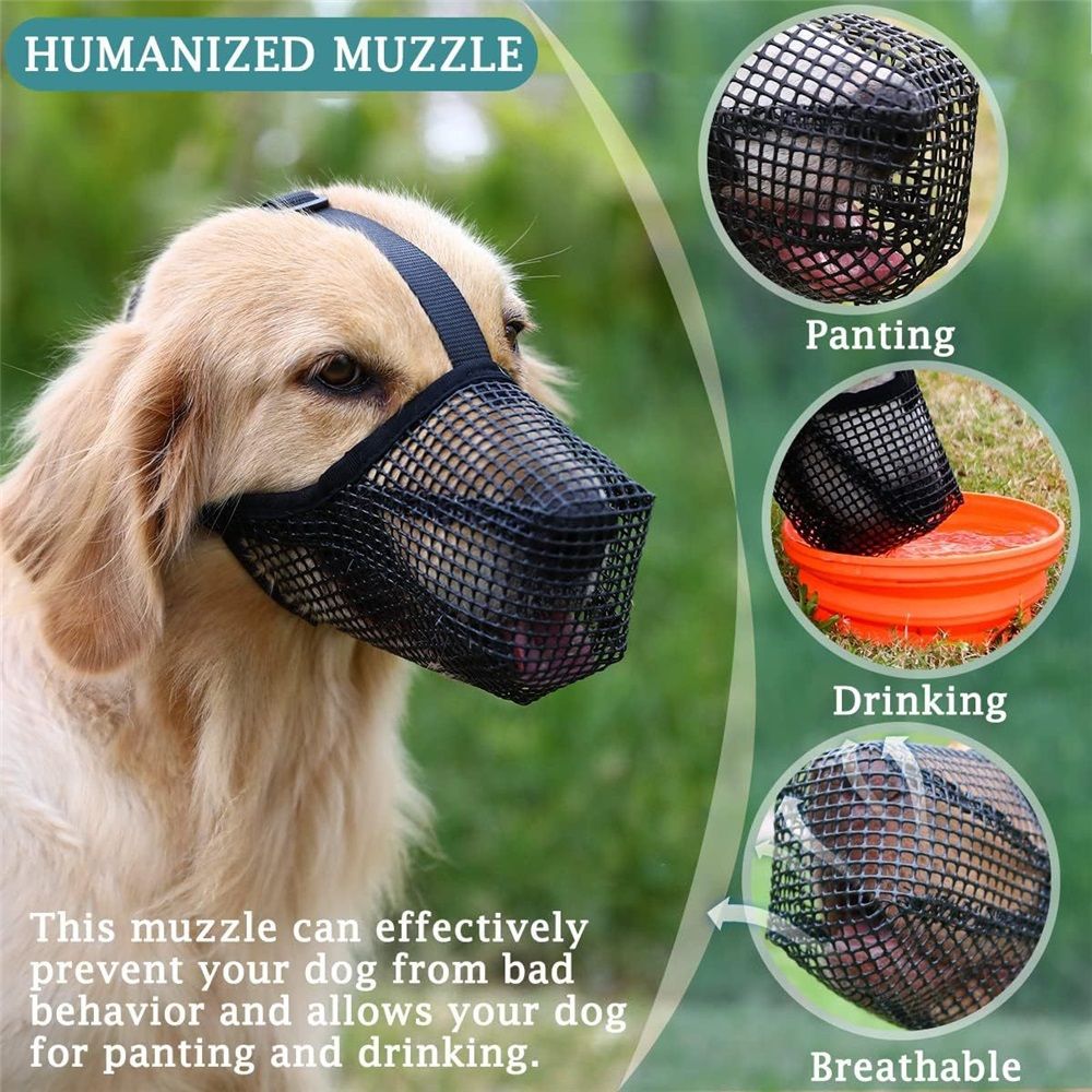 Soft Mesh Muzzle for Small Medium Large Dogs Shepherd, Breathable Adjustable Mouth Guard for Biting Chewing Scavenging, Allows Panting and Drinking(Black, L)