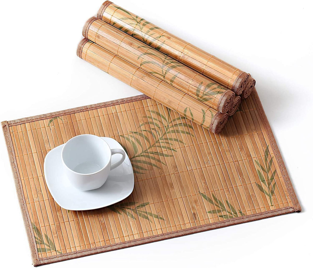 Placemats Set of 6, Bamboo Table Mats Set with Leaf Pattern, 17.7'' × 11.8'' Woven Placemat, Washable Heat-Resistant Place Mats for Kitchen, Brown Leaf