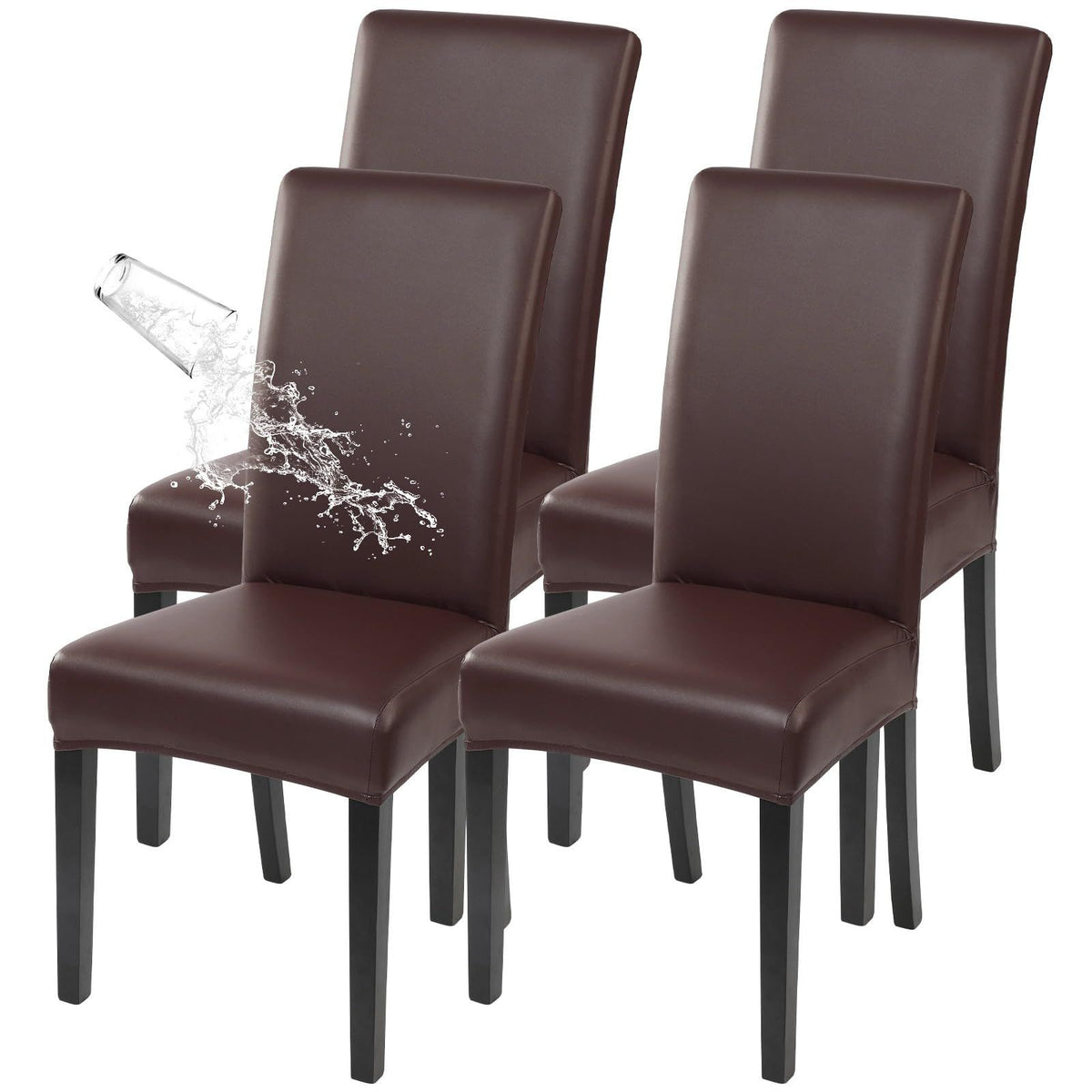 Waterproof PU Leather Dining Chair Covers Set of 4, Stretch Oilproof  Chair Slipcovers Removable Washable Kitchen Chair Protector for Dining Room (Brown)