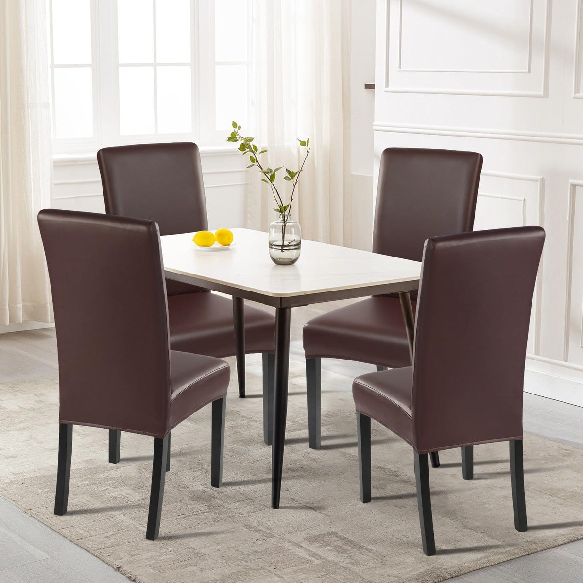 Waterproof PU Leather Dining Chair Covers Set of 4, Stretch Oilproof  Chair Slipcovers Removable Washable Kitchen Chair Protector for Dining Room (Brown)