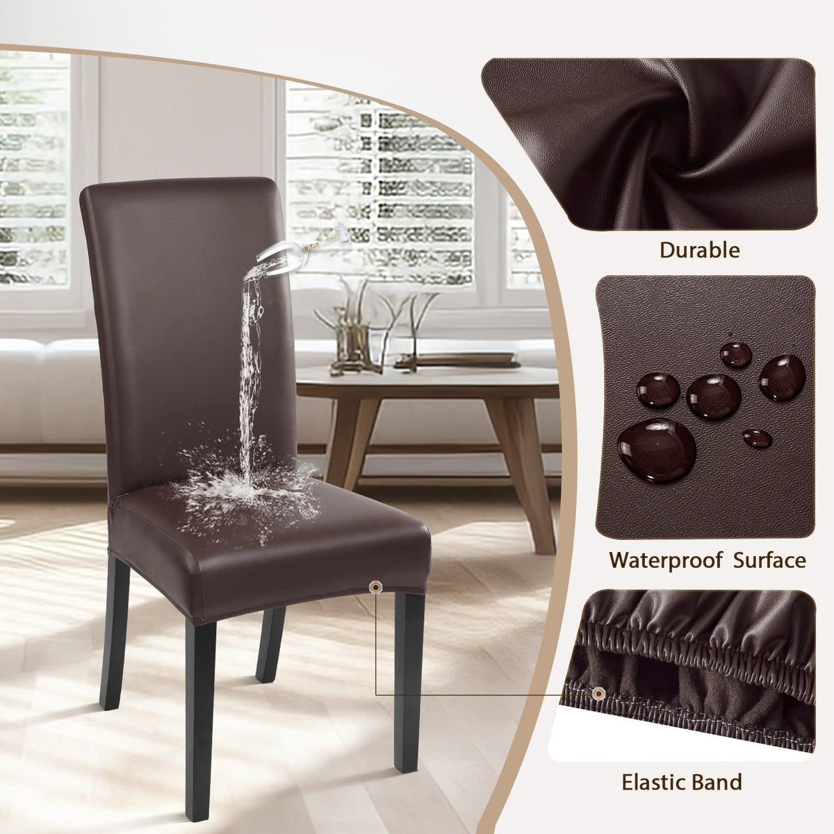 Waterproof PU Leather Dining Chair Covers Set of 4, Stretch Oilproof  Chair Slipcovers Removable Washable Kitchen Chair Protector for Dining Room (Brown)