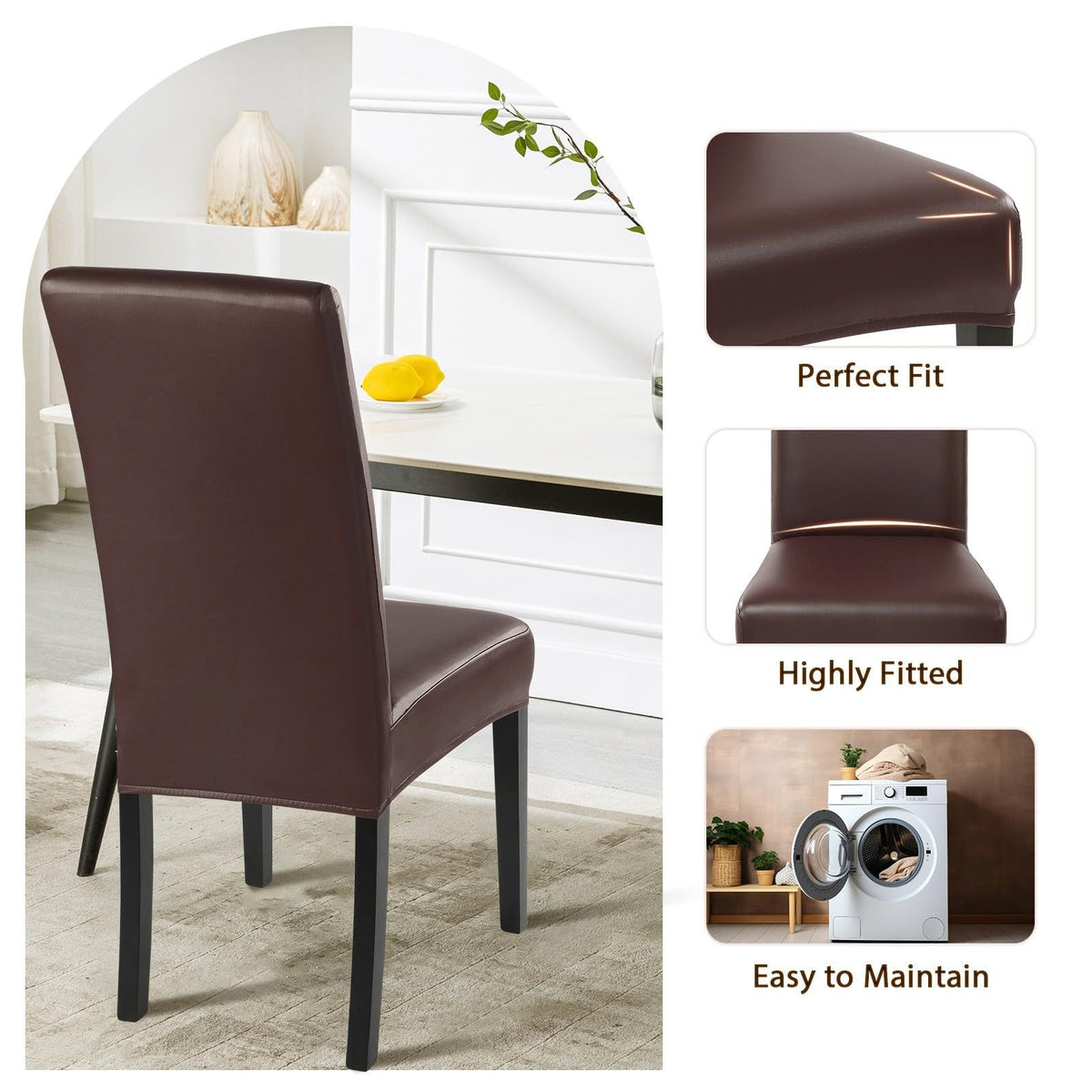 Waterproof PU Leather Dining Chair Covers Set of 4, Stretch Oilproof  Chair Slipcovers Removable Washable Kitchen Chair Protector for Dining Room (Brown)