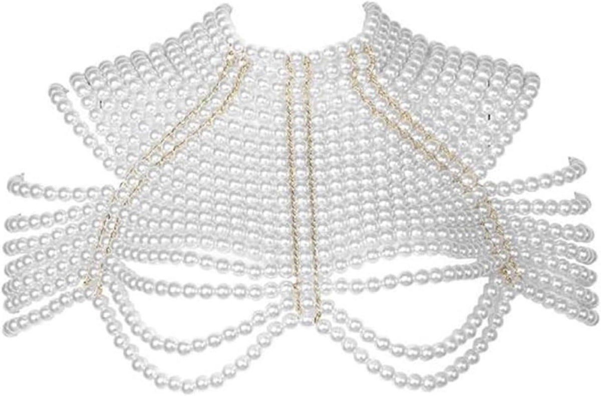 Imitation pearl bead decoration shoulder strap necklace body fashion shoulder and neck bra shawl collar pearl woven shawl white pearl strap gold fixed chain（Pearl Shoulder Chain White）