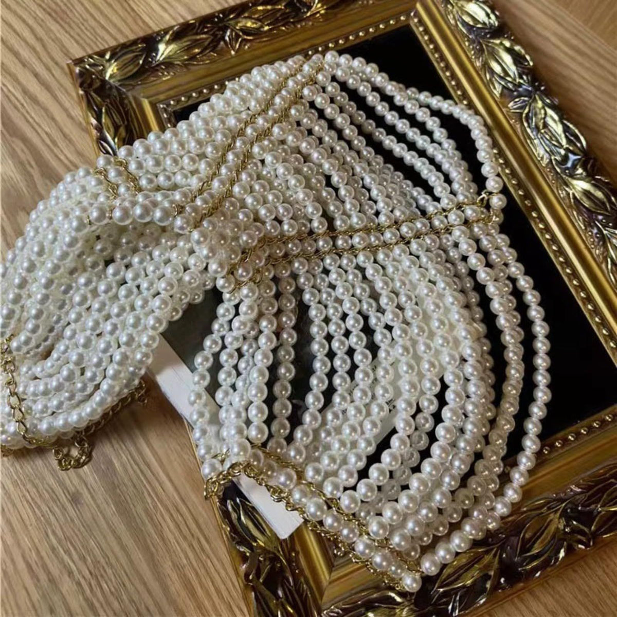 Imitation pearl bead decoration shoulder strap necklace body fashion shoulder and neck bra shawl collar pearl woven shawl white pearl strap gold fixed chain（Pearl Shoulder Chain White）