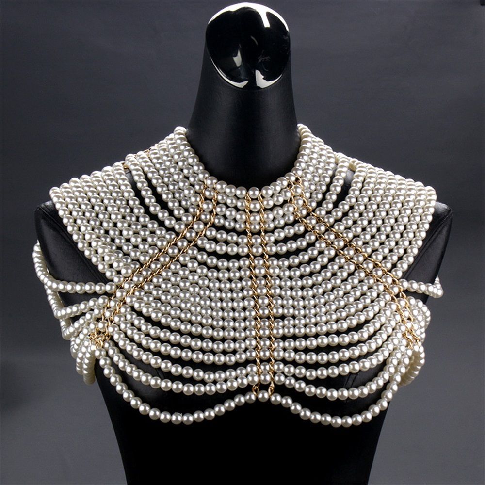 Imitation pearl bead decoration shoulder strap necklace body fashion shoulder and neck bra shawl collar pearl woven shawl white pearl strap gold fixed chain（Pearl Shoulder Chain White）