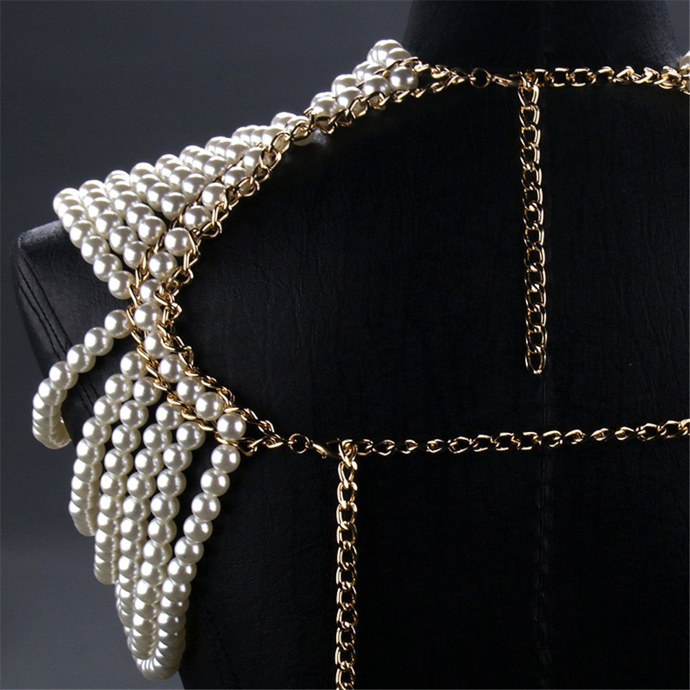 Imitation pearl bead decoration shoulder strap necklace body fashion shoulder and neck bra shawl collar pearl woven shawl white pearl strap gold fixed chain（Pearl Shoulder Chain White）