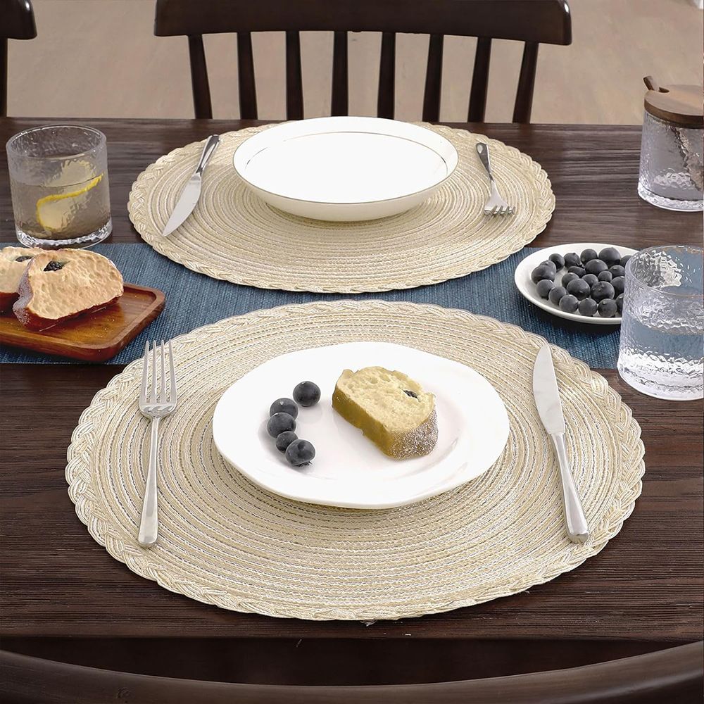 38cm Round Braided Placemats Set of 4, Washable Heat Resistant Circle Boho Place Mats for Kitchen Dining Table -（beige）
