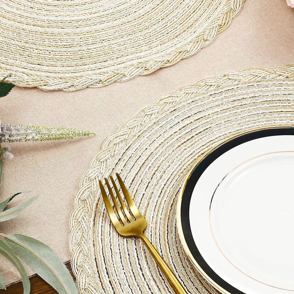 38cm Round Braided Placemats Set of 4, Washable Heat Resistant Circle Boho Place Mats for Kitchen Dining Table -（beige）