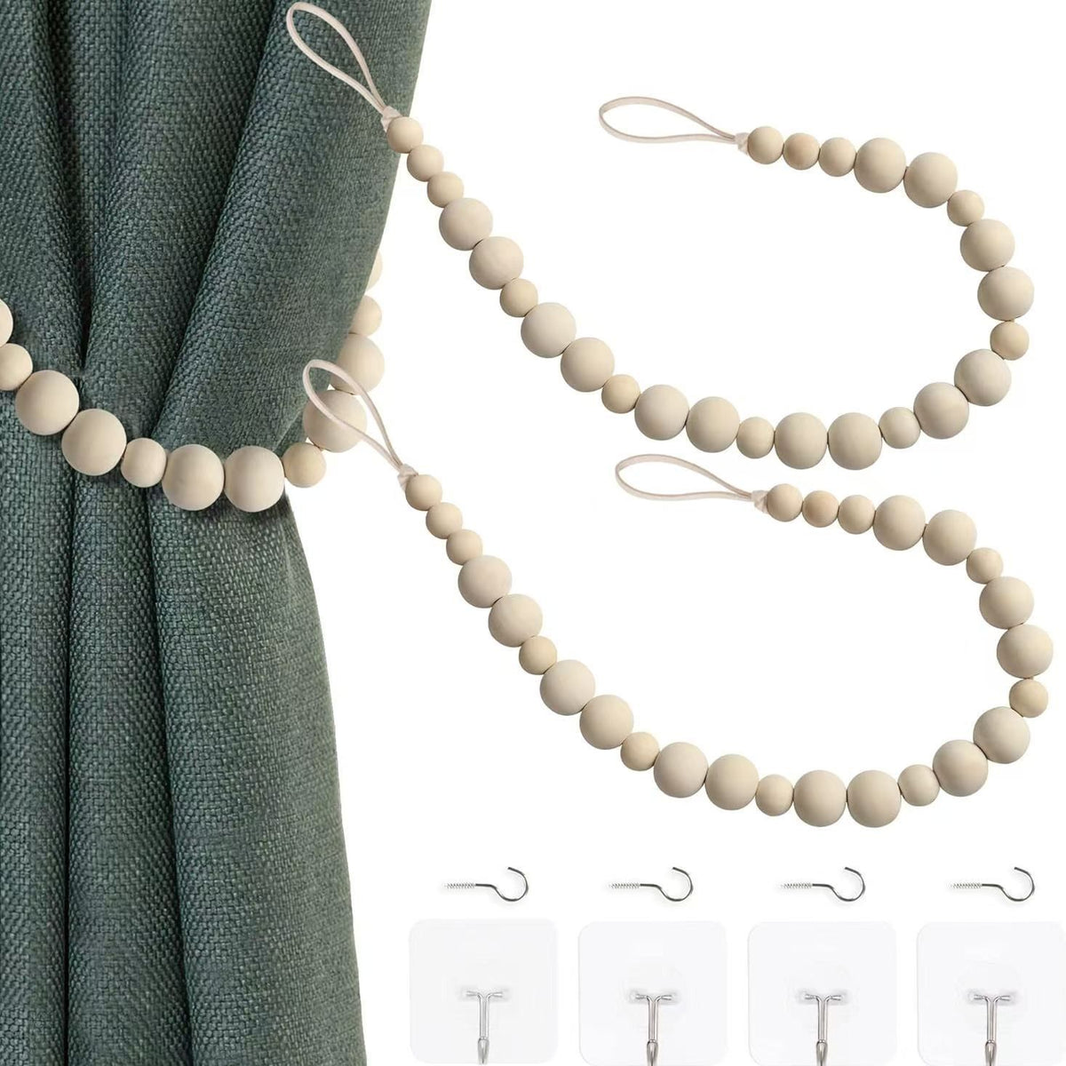 6 Pieces of Wood Bead Curtain Tieback Boho Curtain Tiebacks Curtain Holdbacks for Wall Curtain Ties Curtain Tie Backs with Hooks for Boho Decor Bedroom Decor Nursery Decor