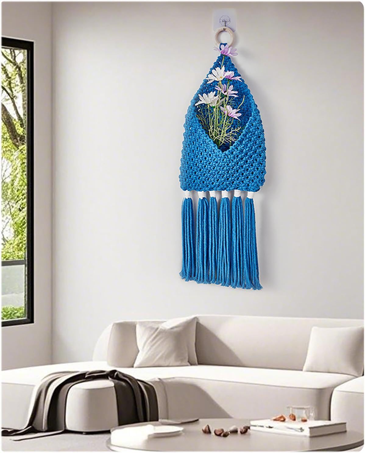 Handwoven Cotton Tassels Wall Hanging Basket Organizers Pocket For Dried Flower Mail Holder Nursery Home Decoration Wall Hanging Basket（Blue）