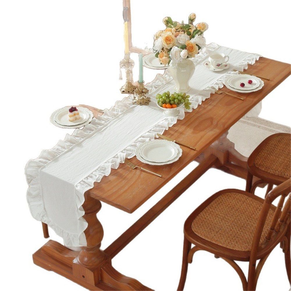 White Ruffle Table Runner Cotton Fabric 35*120CM Farmhouse Rustic Ruffled Edge Table  Wedding Decor for Valentines Baby Bridal Party