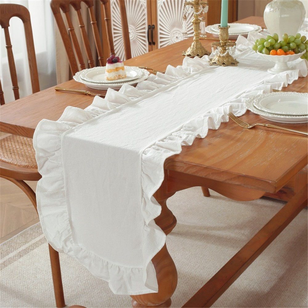 White Ruffle Table Runner Cotton Fabric 35*120CM Farmhouse Rustic Ruffled Edge Table  Wedding Decor for Valentines Baby Bridal Party