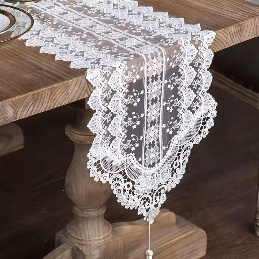 White lace exquisite rectangular dining table scarf elegant dress scarf simple and chic rural decoration home kitchen festival wedding party living room (white, 35*180cm)