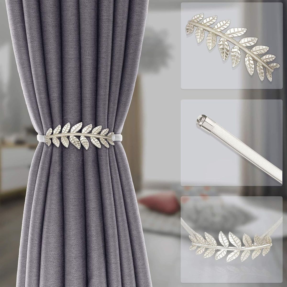 6Pack Curtain Tiebacks Spring Design Curtain Holdback Leaf Carving Design Curtain Ties for Drapes Curtain Ties Backs Curtain Modern Style Curtain Holdback Decor(Sliver Leaf)
