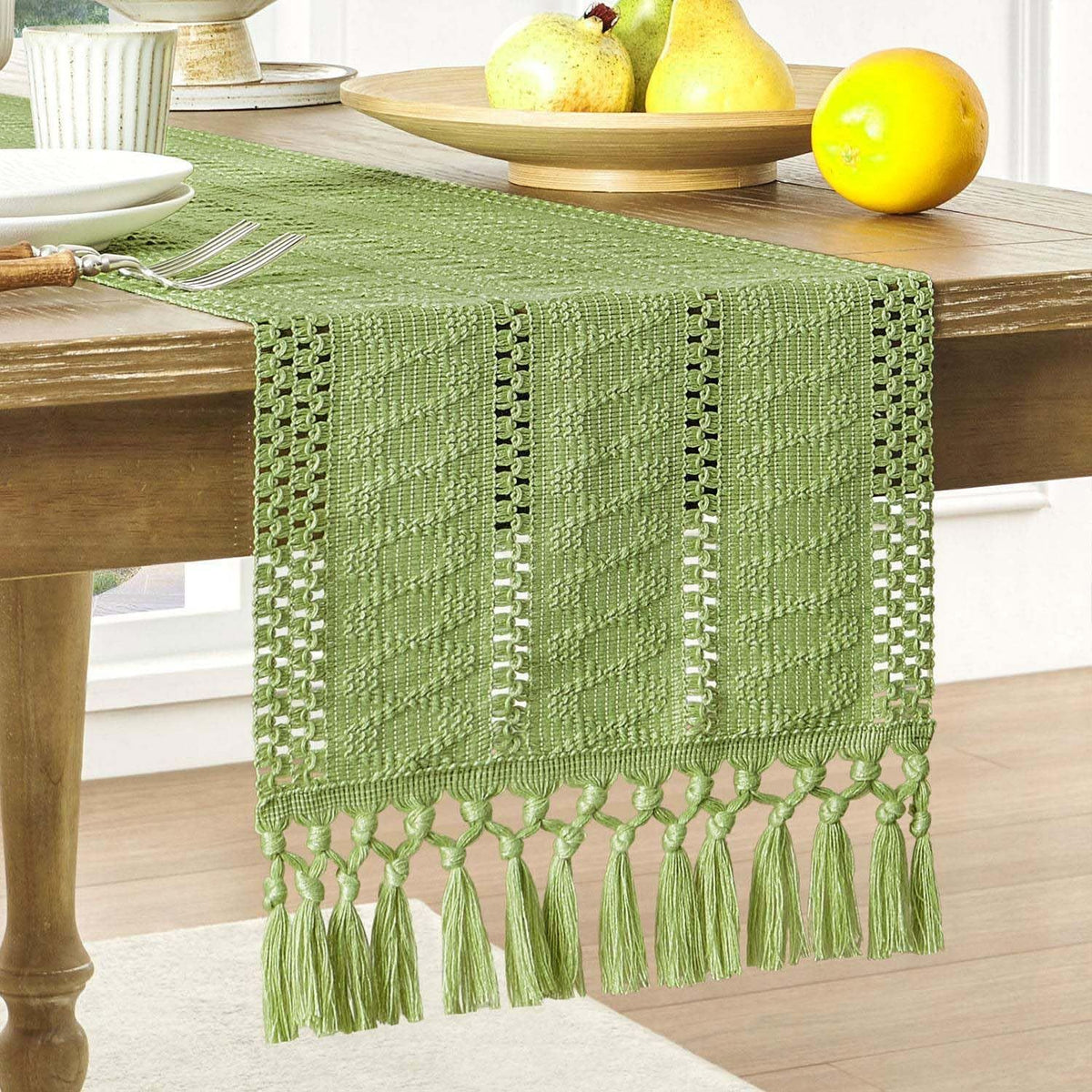 Cotton and linen table flag knotted tassel, Green Table Runners , Farmhouse Woven Home Decor, 30*140cm, Green
