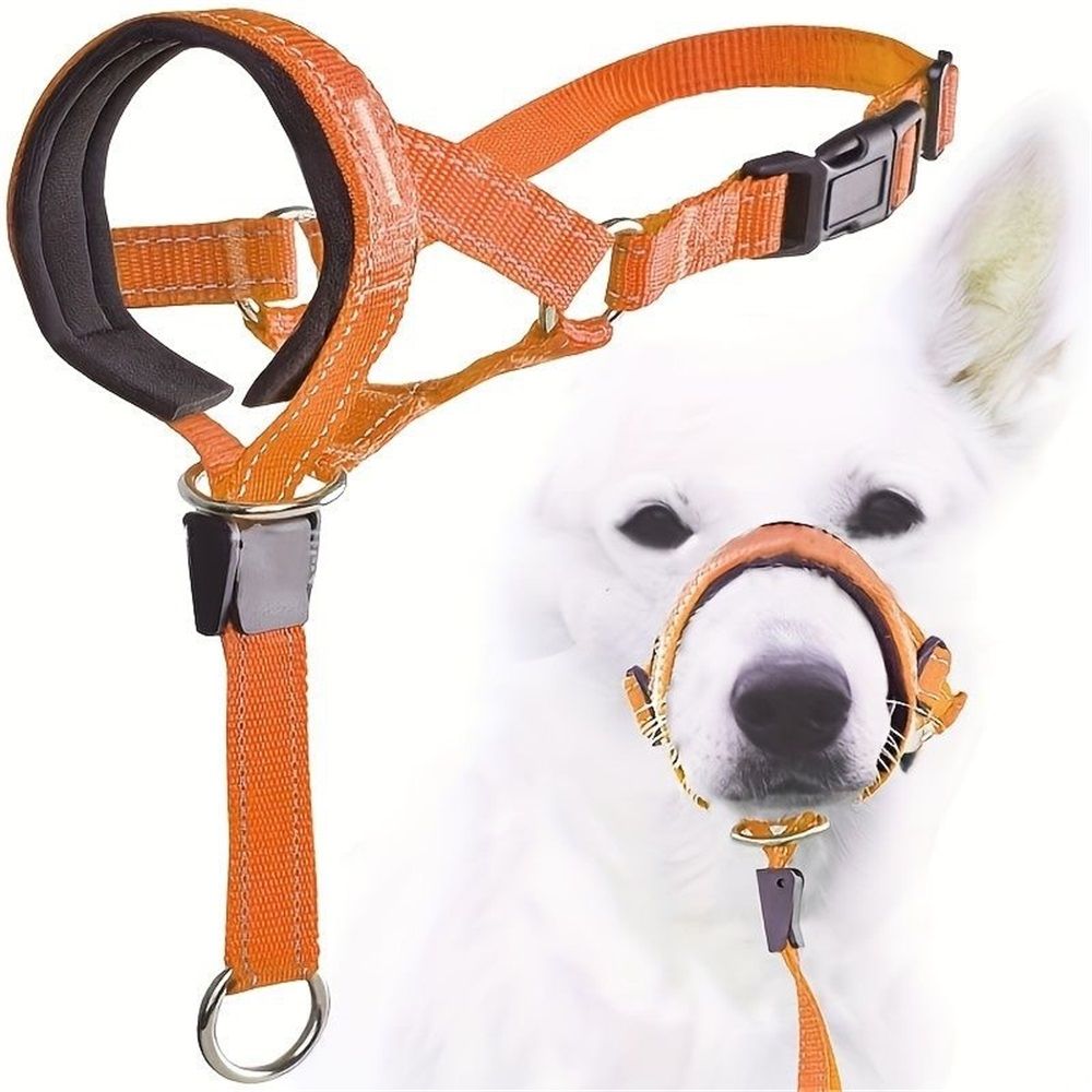 Large Dog Nylon Reflective Adjustable Muzzle with Breathable Mesh, Anti-Biting and Barking Dog Mouth Cover for Walking, Outdoor Use, Size XL ,Orange