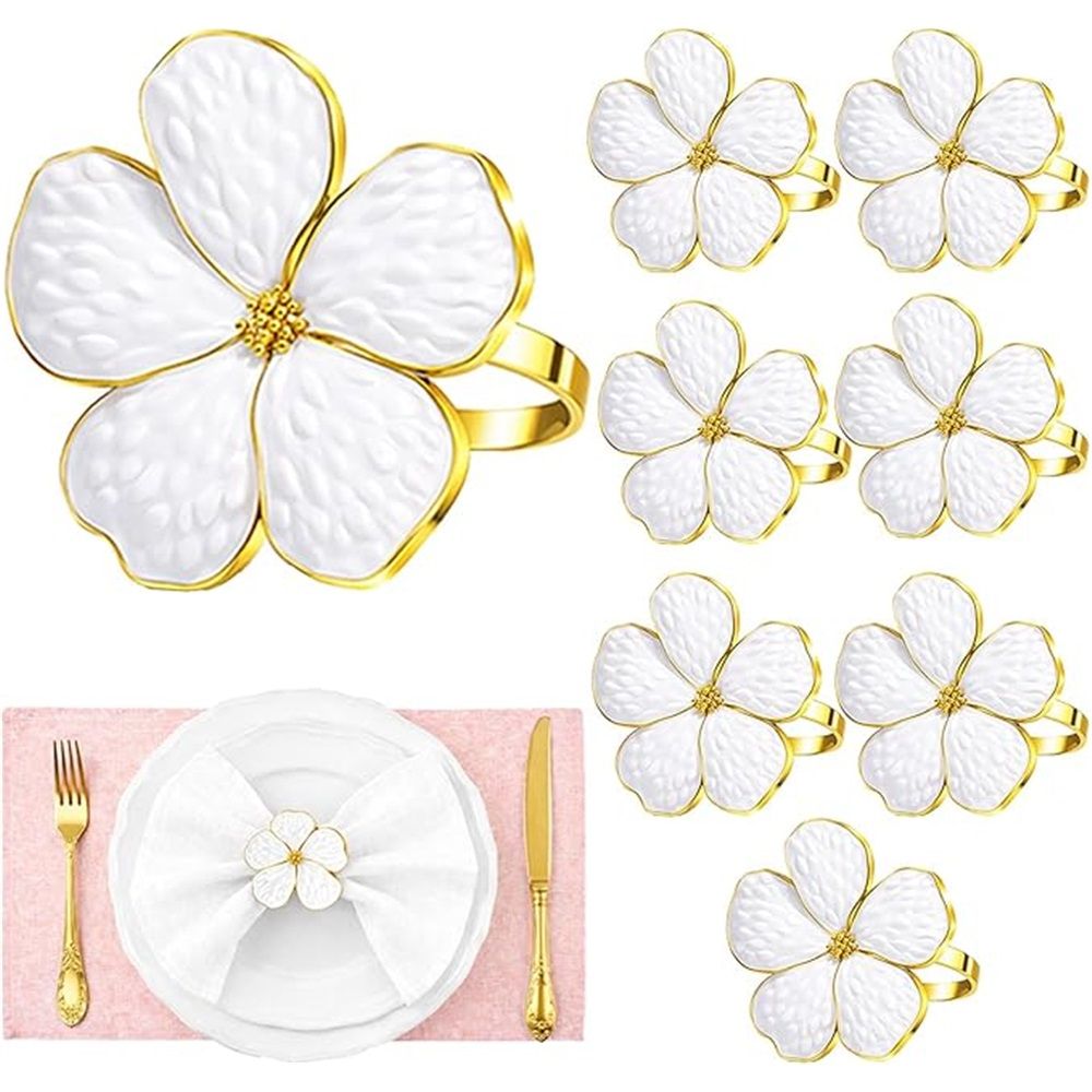 Flower Napkin Rings Set of 8  ,Flower napkin ring, zinc alloy five petal flower napkin clasp, plant napkin ring, tissue ring (White)