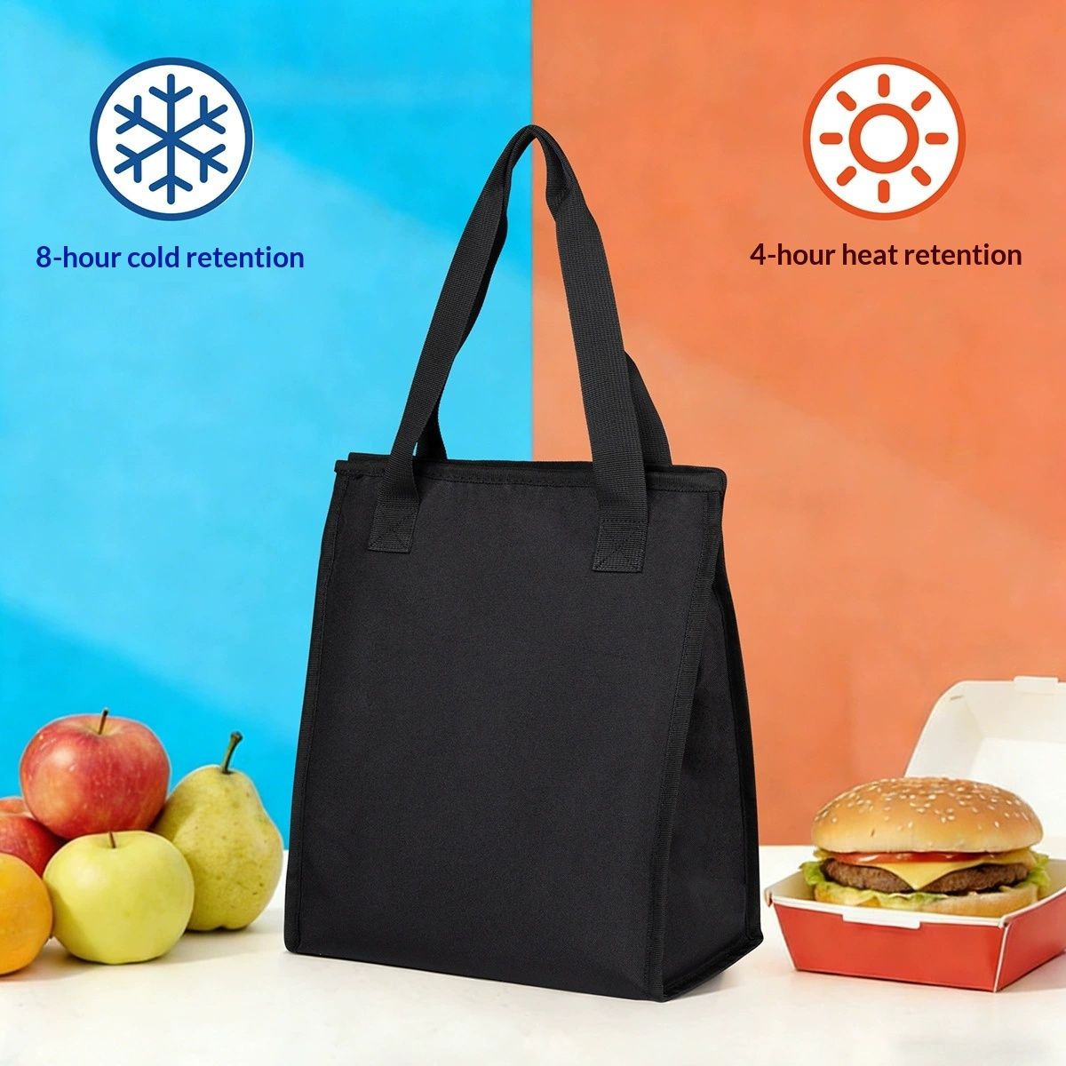 Black Lunch Bag for Men - Lunch Bag with Zipper Tote Bag for Women Simple Lunch Box Reusable Insulated (Black small）