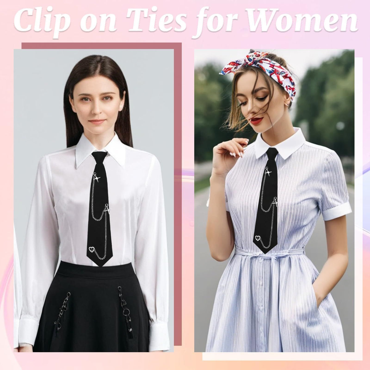 Black Tie for Women Girls Pre-Tied Womens Tie with Metal Chain Accessories Adjustable Necktie for School Shirt
