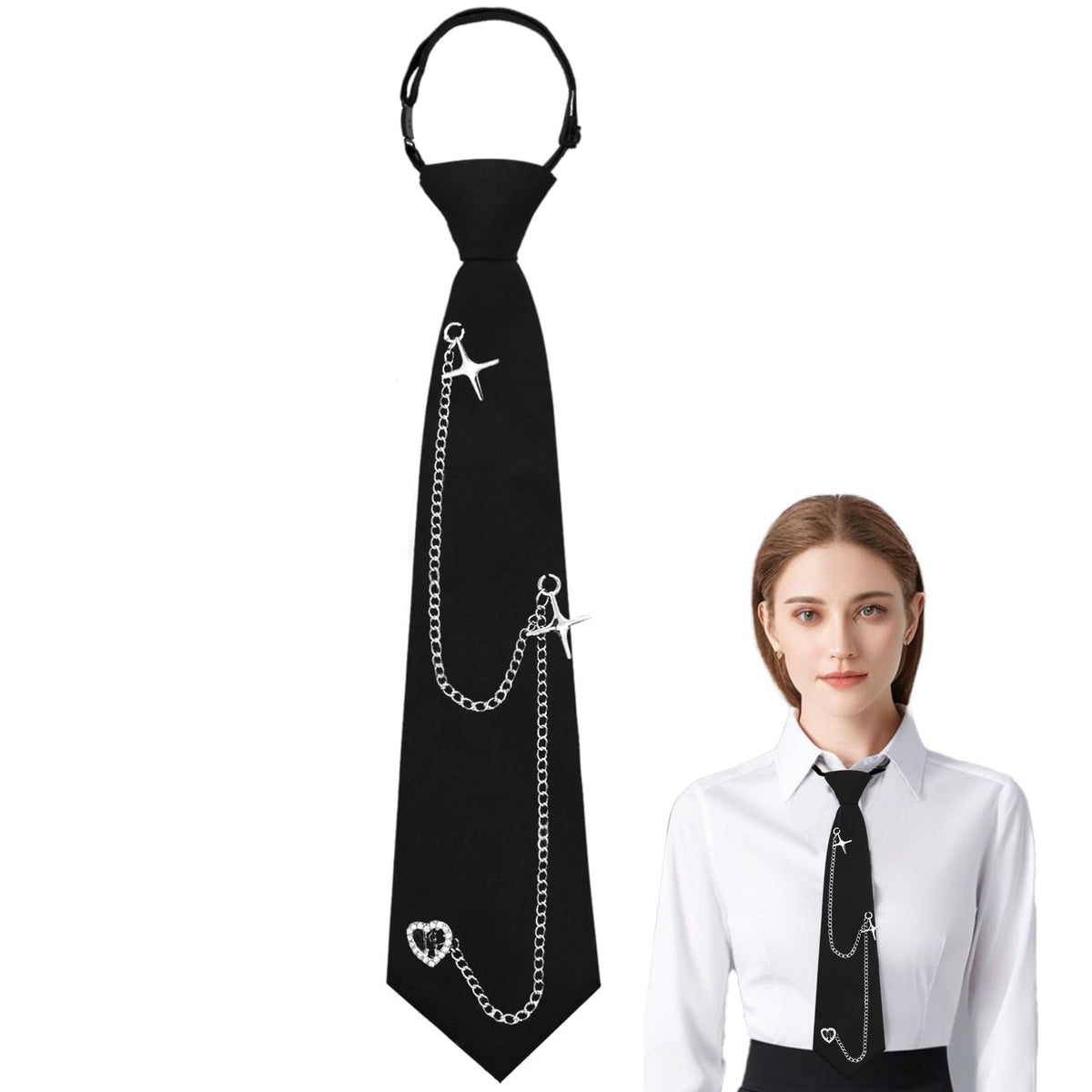 Black Tie for Women Girls Pre-Tied Womens Tie with Metal Chain Accessories Adjustable Necktie for School Shirt