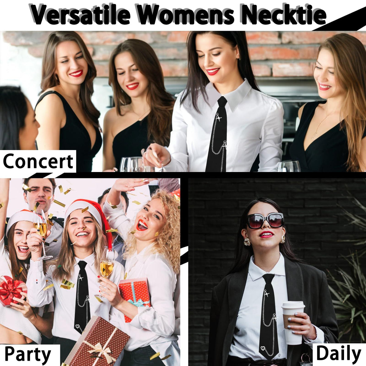 Black Tie for Women Girls Pre-Tied Womens Tie with Metal Chain Accessories Adjustable Necktie for School Shirt